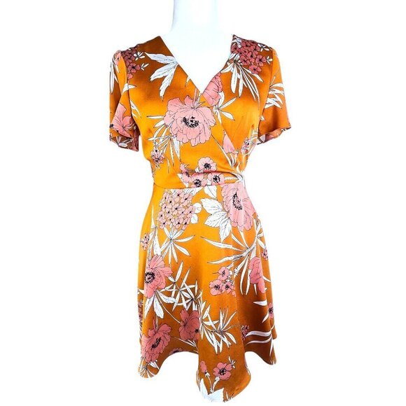 Express Faux Wrap Floral Rust Mustard Yellow Sexy Back Fit & Flare Mini Dress - Picture 2 of 9